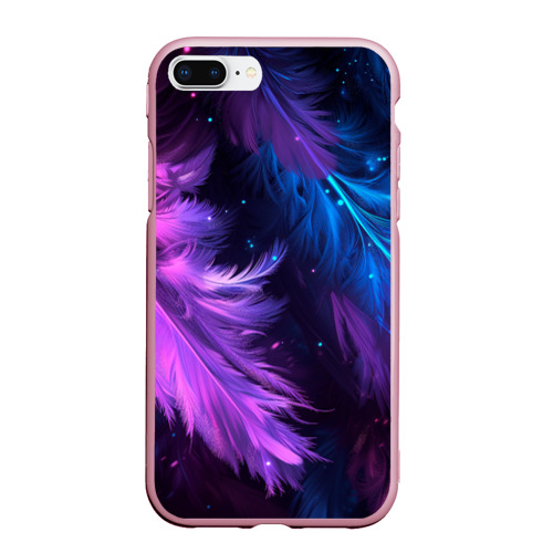 Чехол для iPhone 7/8 Plus матовый с принтом Искрящиеся перья в розовых и голубых оттенках, вид спереди №1