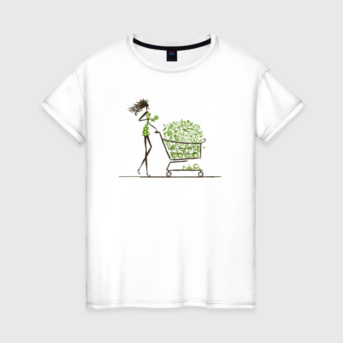 Женская футболка из хлопка с принтом Красотка с покупками, вид спереди №1