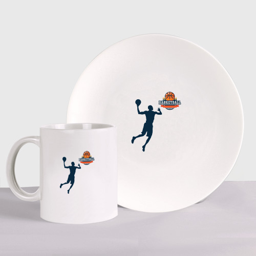 Набор: тарелка + кружка с принтом Игрок в баскетбол basketball, вид спереди №1