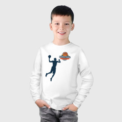Лонгслив с принтом Игрок в баскетбол basketball для ребенка, вид на модели спереди №2. Цвет основы: белый