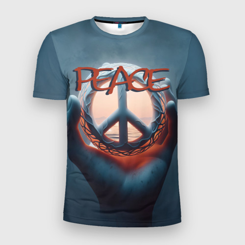 Мужская приталенная футболка с принтом Знак мира в ладони, вид спереди №1