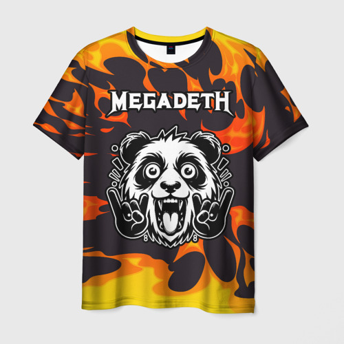 Мужская футболка с принтом Megadeth рок панда и огонь, вид спереди №1