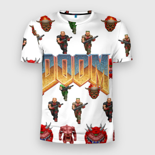 Мужская приталенная футболка с принтом Doom 1993 паттерн, вид спереди №1
