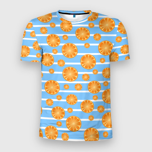 Мужская приталенная футболка с принтом Дольки апельсинов - голубы полосы, вид спереди №1