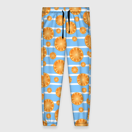 Женские брюки с принтом Дольки апельсинов - голубы полосы, вид спереди №1