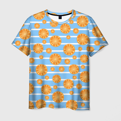 Мужская футболка с принтом Дольки апельсинов - голубы полосы, вид спереди №1