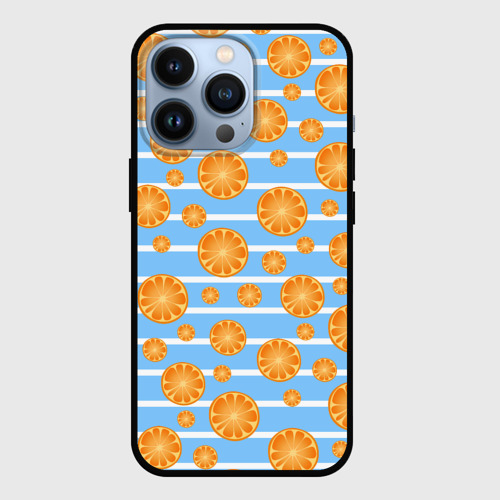 Чехол для iPhone 13 Pro с принтом Дольки апельсинов - голубы полосы, вид спереди №1