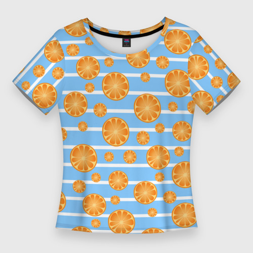 Женская приталенная футболка с принтом Дольки апельсинов - голубы полосы, вид спереди №1