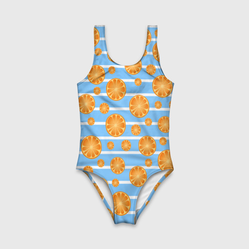 Детский купальник с принтом Дольки апельсинов - голубы полосы, вид спереди №1
