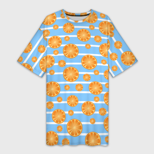 Платье-футболка с принтом Дольки апельсинов - голубы полосы, вид спереди №1