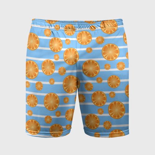 Мужские шорты спортивные с принтом Дольки апельсинов - голубы полосы, вид спереди №1