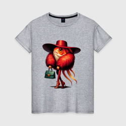 Рыба-модница в шубе, шляпе и с сумкой – Женская футболка хлопок с принтом купить со скидкой в -20%