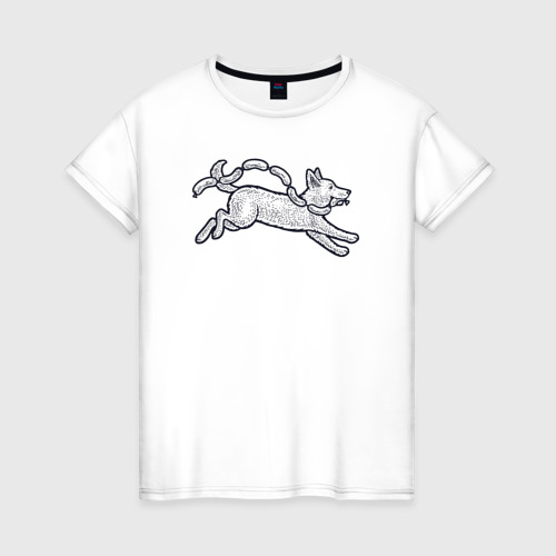 Женская футболка из хлопка с принтом Собачка с сосисками, вид спереди №1