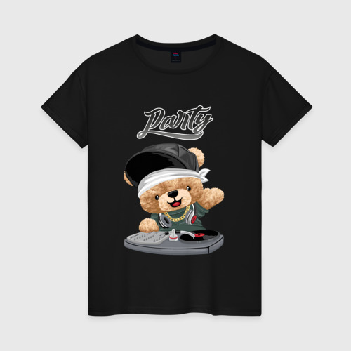 Женская футболка хлопок с принтом Плюшевый медвежонок диджей, вид спереди #2