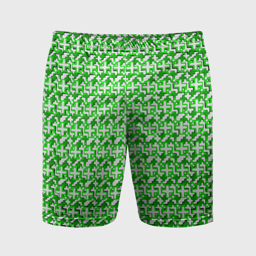 Мужские шорты спортивные с принтом Белые плюсики на зелёном фоне, вид спереди №1
