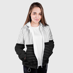 Куртка с принтом Полосатый чёрно-белый для женщины, вид на модели спереди №3. Цвет основы: белый