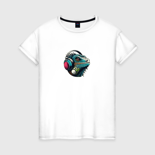 Женская футболка из хлопка с принтом Игуана в наушниках, вид спереди №1