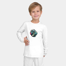 Пижама с принтом Игуана в наушниках для ребенка, вид на модели спереди №2. Цвет основы: белый