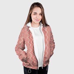 Куртка с принтом Волнистые линии персиковый для женщины, вид на модели спереди №3. Цвет основы: белый