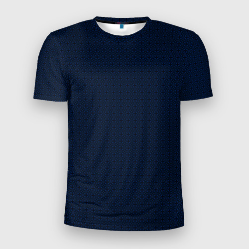 Мужская приталенная футболка с принтом Тёмный синий паттерн узоры, вид спереди №1