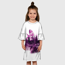 Платье с принтом Морда кота и город эффект двойной экспозиции для ребенка, вид на модели спереди №3. Цвет основы: белый