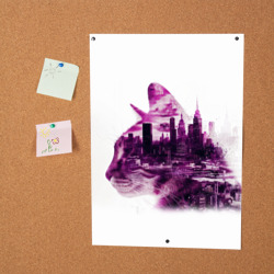 Постер с принтом Морда кота и город эффект двойной экспозиции для любого человека, вид спереди №2. Цвет основы: белый