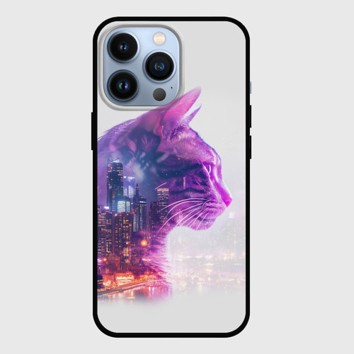 Чехол для iPhone 13 Pro с принтом Кот и город эффект двойной экспозиции, вид спереди №1