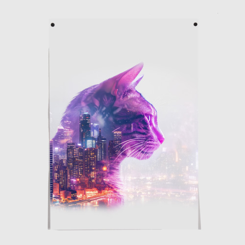Постеры с принтом Кот и город эффект двойной экспозиции, вид спереди №1