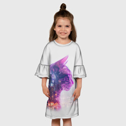 Платье с принтом Кот и город эффект двойной экспозиции для ребенка, вид на модели спереди №3. Цвет основы: белый