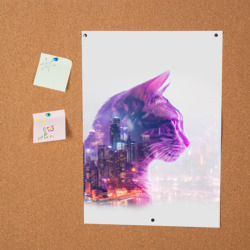 Постер с принтом Кот и город эффект двойной экспозиции для любого человека, вид спереди №2. Цвет основы: белый
