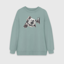 Женский свитшот oversize без начеса хлопок Медведь рвётся наружу со шрамом на спине