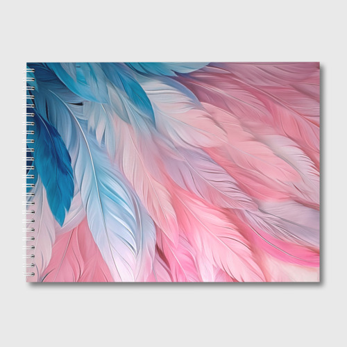Альбом для рисования с принтом Пастельно-голубые и розовые перья, вид спереди №1