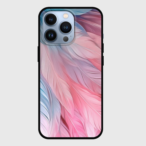 Чехол для iPhone 13 Pro с принтом Пастельно-голубые и розовые перья, вид спереди №1