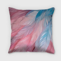 Подушка с принтом Пастельно-голубые и розовые перья для любого человека, вид сзади №1. Цвет основы: 3d (велсофт)
