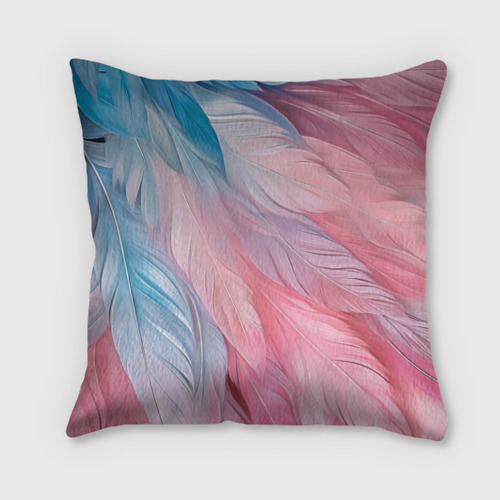 Подушка с принтом Пастельно-голубые и розовые перья, вид спереди №1