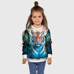 Свитшот с принтом Величественный тигр среди тропических пальм для ребенка, вид на модели спереди №4. Цвет основы: белый