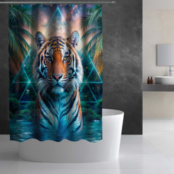 Штора с принтом Величественный тигр среди тропических пальм для любого человека, вид спереди №2. Цвет основы: белый