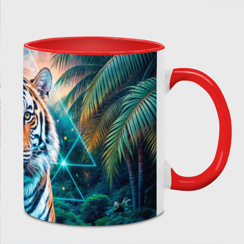 Кружка с полной запечаткой с принтом Величественный тигр среди тропических пальм, вид спереди №1