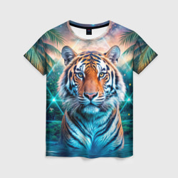 Величественный тигр среди тропических пальм  – Женская футболка 3D с принтом купить со скидкой в -26%