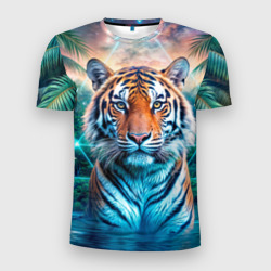 Величественный тигр среди тропических пальм  – Мужская футболка 3D Slim с принтом купить со скидкой в -9%
