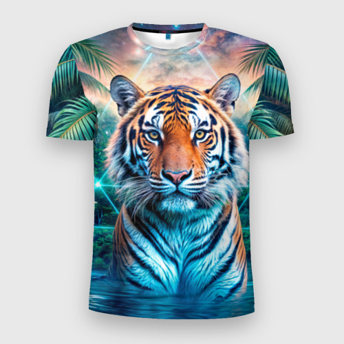 Мужская приталенная футболка с принтом Величественный тигр среди тропических пальм, вид спереди №1