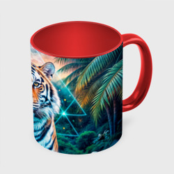 Кружка с принтом Величественный тигр среди тропических пальм для любого человека, вид спереди №3. Цвет основы: белый + красный