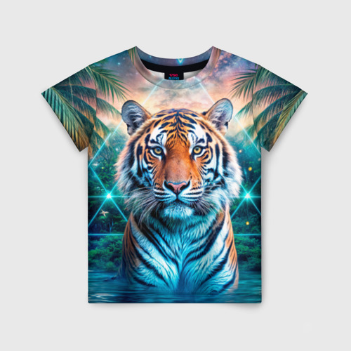Детская футболка с принтом Величественный тигр среди тропических пальм, вид спереди №1