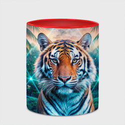 Кружка с принтом Величественный тигр среди тропических пальм для любого человека, вид спереди №4. Цвет основы: белый + красный