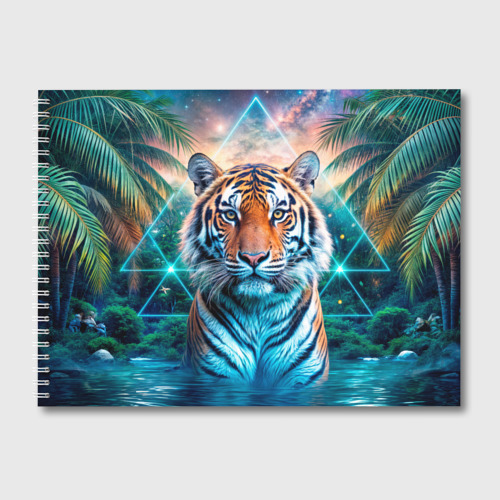 Альбом для рисования с принтом Величественный тигр среди тропических пальм, вид спереди №1