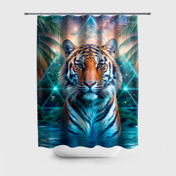 Величественный тигр среди тропических пальм  – Штора 3D для ванной с принтом купить