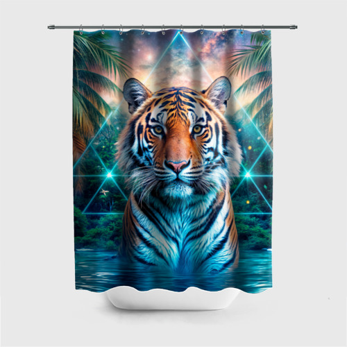 Штора для ванной с принтом Величественный тигр среди тропических пальм, вид спереди №1