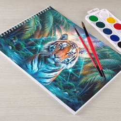 Альбом с принтом Величественный тигр среди тропических пальм для любого человека, вид спереди №2. Цвет основы: белый