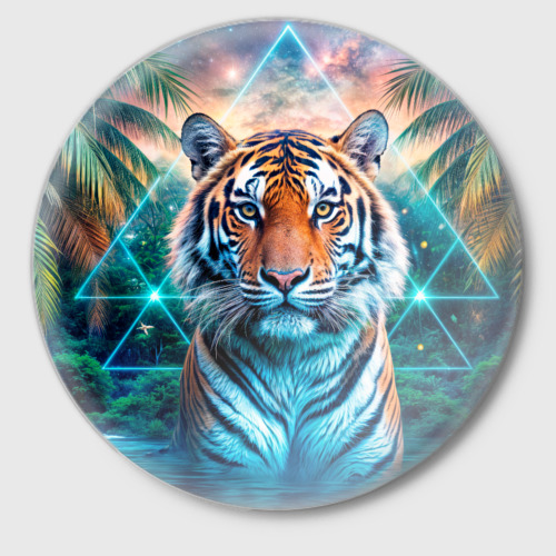 Значок с принтом Величественный тигр среди тропических пальм, вид спереди №1