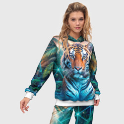 Костюм с принтом Величественный тигр среди тропических пальм для женщины, вид на модели спереди №2. Цвет основы: белый
